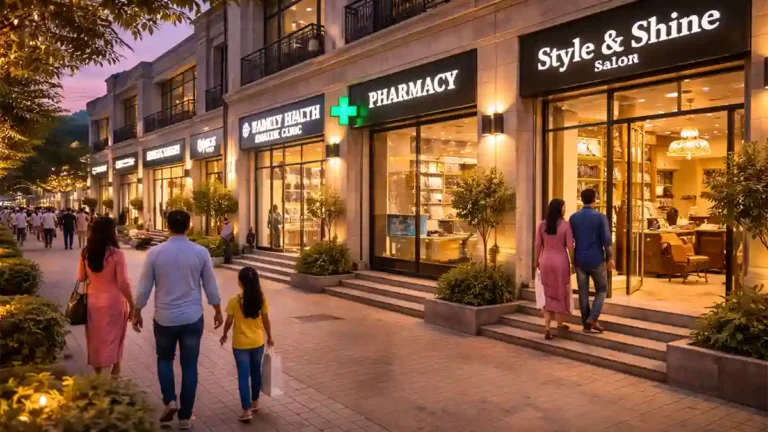 بحریہ ٹاؤن لاہور کے جدید کمرشل سروس ایریا میں کلینک، فارمیسی، اور گرومنگ اسپیس کے ساتھ شام کا شہری منظر