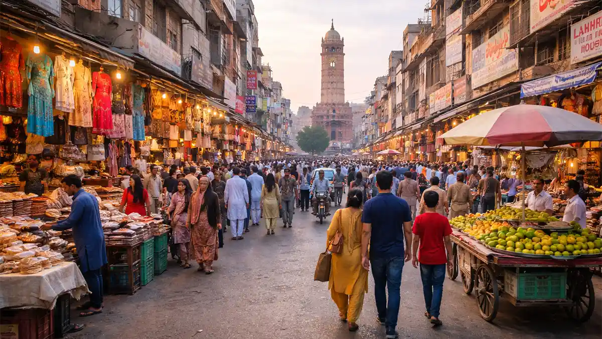 فیصل آباد کے ایک مصروف بازار، خریداری ماحول اور شہری سرگرمی کا منظر