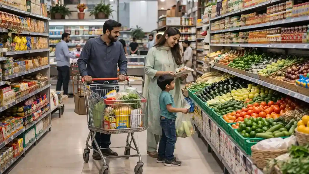 گارڈن ٹاؤن لاہور کے ایک منظم گروسری اسٹور میں روزمرہ خریداری کرتے خاندان کا حقیقت کے قریب منظر