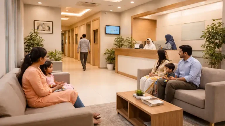 گارڈن ٹاؤن لاہور کے ایک صاف، جدید اور فیملی فرینڈلی کلینک کی انتظار گاہ کا منظر