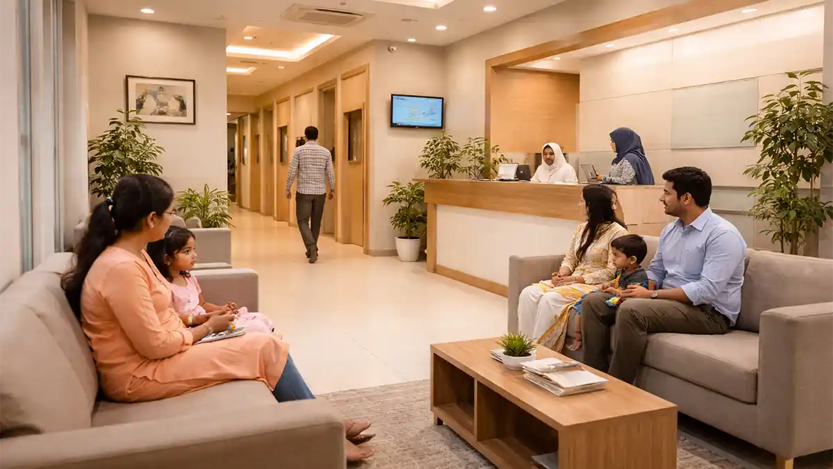 گارڈن ٹاؤن لاہور کے ایک صاف، جدید اور فیملی فرینڈلی کلینک کی انتظار گاہ کا منظر