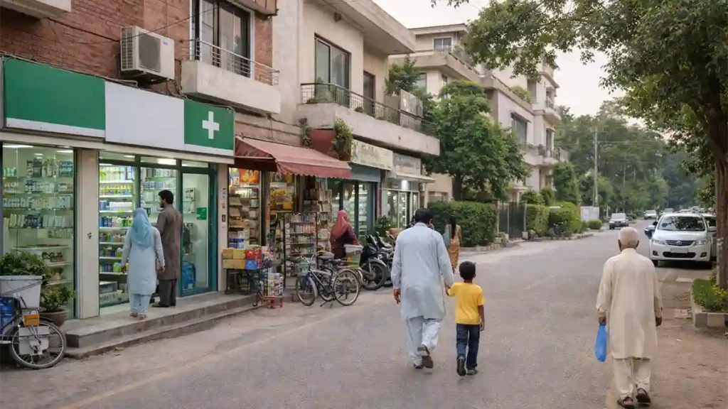 گارڈن ٹاؤن لاہور کے مکسڈ ریزیڈینشل کمرشل ماحول میں گھروں، فارمیسی، اور لوکل دکانوں کا منظر