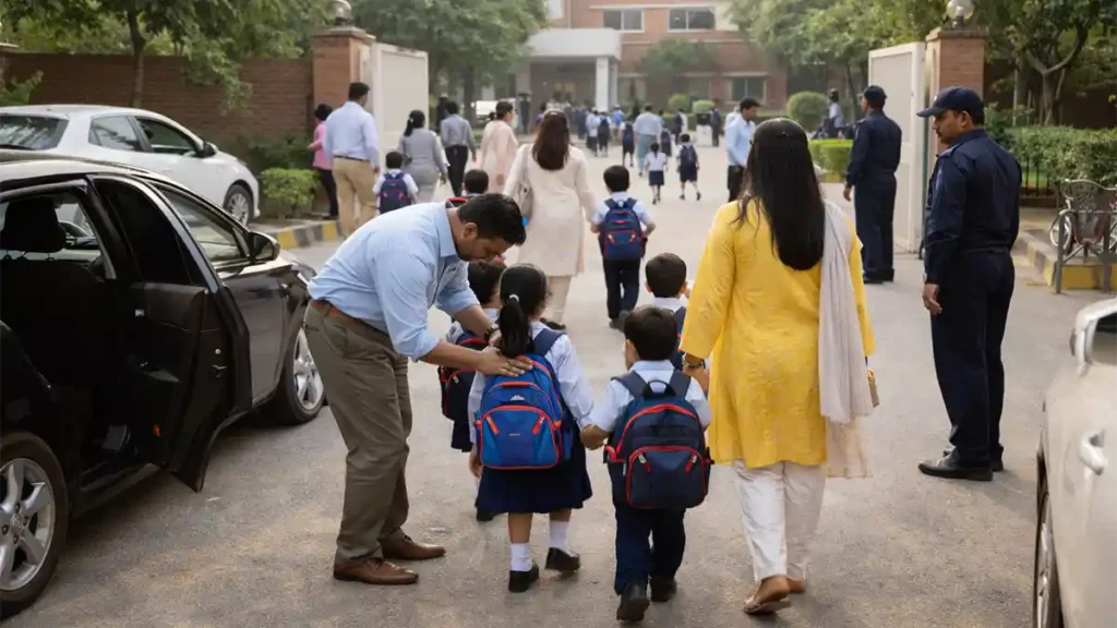 گارڈن ٹاؤن لاہور کے ایک اسکول میں صبح کے منظم پک اینڈ ڈراپ کا منظر