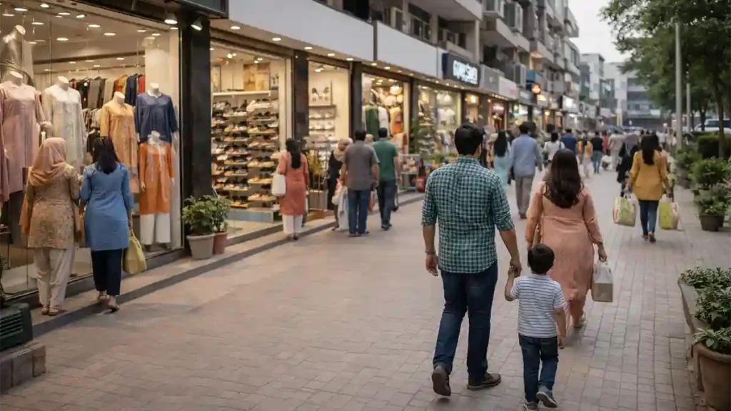 گارڈن ٹاؤن لاہور کی ایک صاف اور فیملی فرینڈلی شاپنگ اسٹریٹ کا حقیقت کے قریب منظر