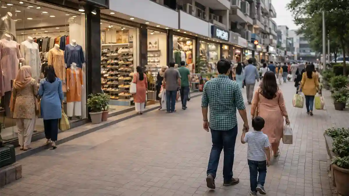 گارڈن ٹاؤن لاہور کی ایک صاف اور فیملی فرینڈلی شاپنگ اسٹریٹ کا حقیقت کے قریب منظر