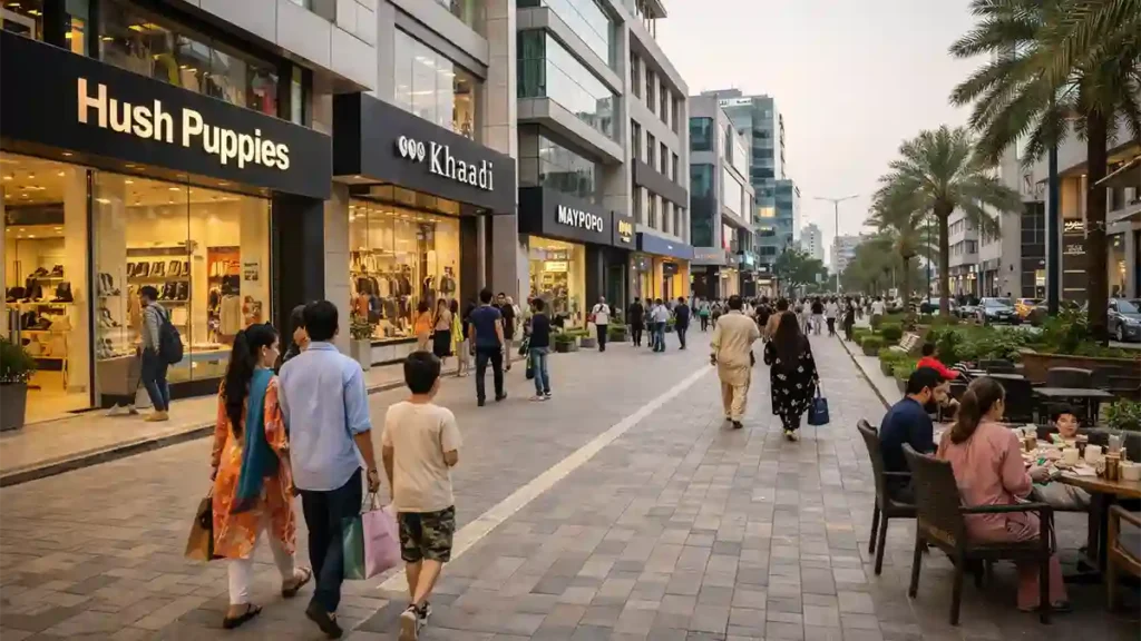 گلبرگ لاہور کے جدید شاپنگ زون کی تصویر، جہاں صاف pedestrian walkway، جدید دکانیں، اور خریداری کرتے لوگ نظر آ رہے ہیں
