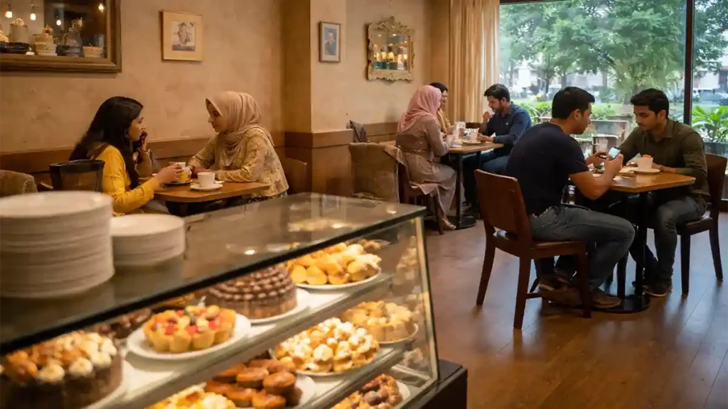 اقبال ٹاؤن لاہور کے ایک آرام دہ کیفے یا بیکری میں کیژول بیٹھک کا منظر