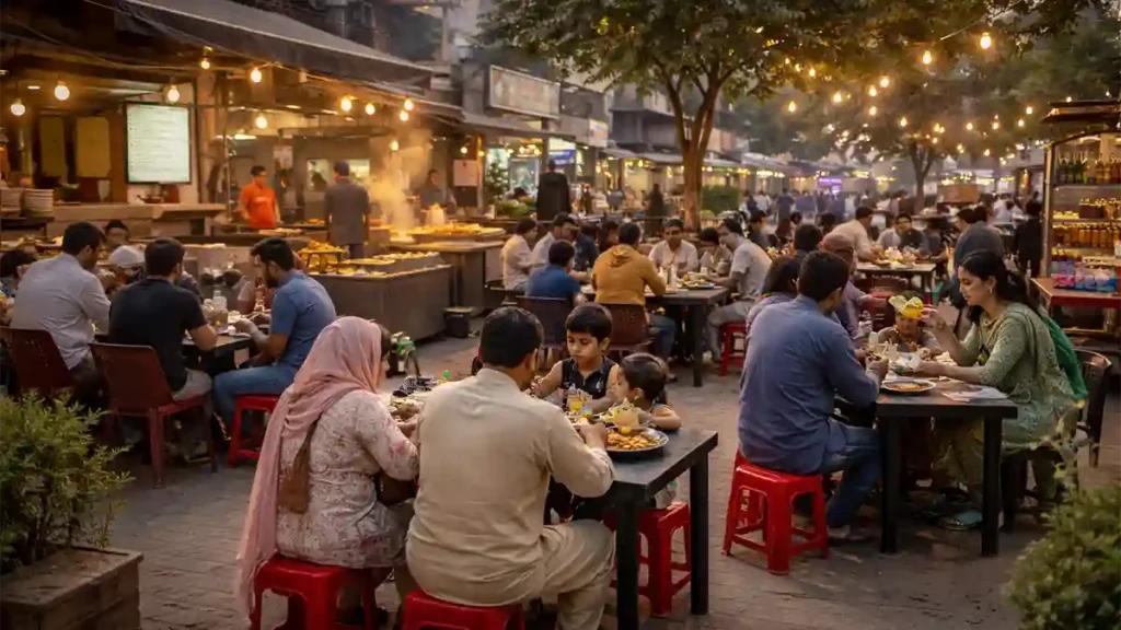 اقبال ٹاؤن لاہور کے ایک مصروف اور فیملی فرینڈلی فوڈ اسٹریٹ کا منظر