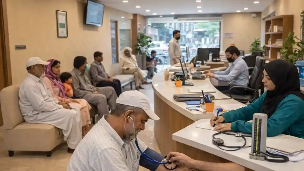 اقبال ٹاؤن لاہور کے ایک مصروف مگر منظم کلینک میں بلڈ پریشر چیک اور انتظار گاہ کا منظر