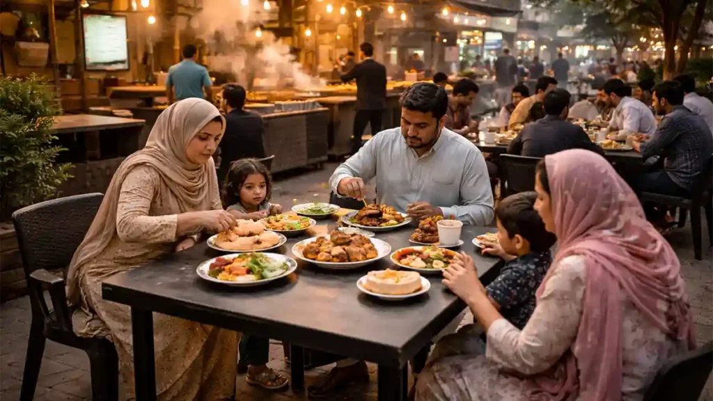 اقبال ٹاؤن لاہور کے ایک فیملی فرینڈلی آؤٹ ڈور ڈائننگ ماحول میں کھانا کھاتے لوگ