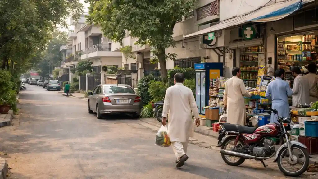 اقبال ٹاؤن لاہور کے مکسڈ ریزیڈینشل کمرشل ماحول میں گھروں اور لوکل دکانوں کا منظر