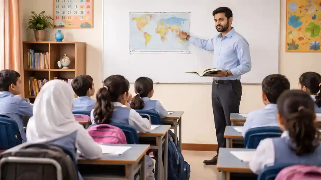 اقبال ٹاؤن لاہور کے ایک اسکول کلاس روم میں استاد بچوں کو پڑھاتے ہوئے