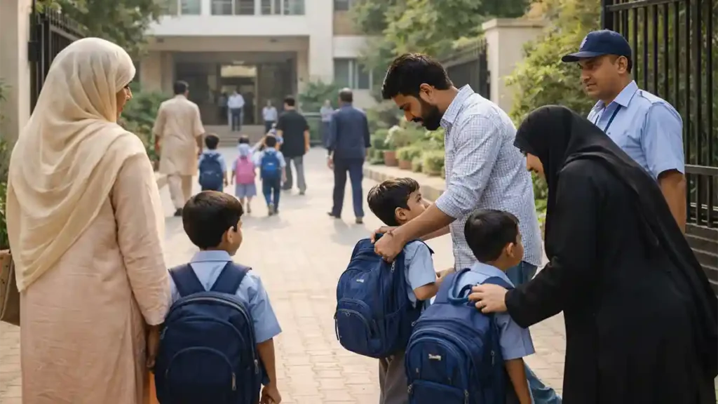 اقبال ٹاؤن لاہور کے ایک اسکول میں منظم پک اینڈ ڈراپ کے وقت والدین اور بچوں کا منظر