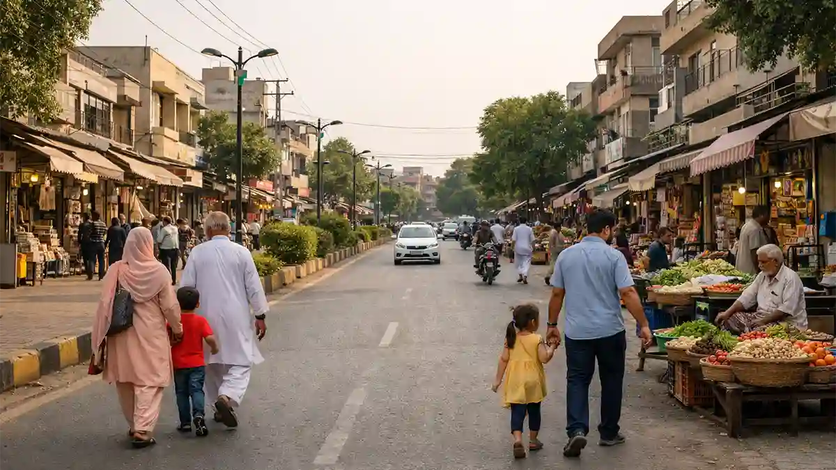 ٹاؤن شپ لاہور کے ایک صاف شہری بازار اور رہائشی ماحول کا حقیقت کے قریب منظر