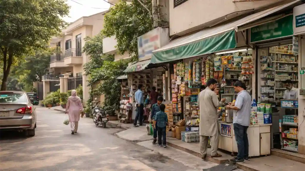 ٹاؤن شپ لاہور کے مکسڈ ریزیڈینشل کمرشل ماحول میں گھروں اور لوکل دکانوں کا منظر