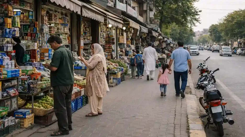 ٹاؤن شپ لاہور کے ایک لوکل مارکیٹ اور روزمرہ شاپنگ ماحول کی حقیقت کے قریب تصویر