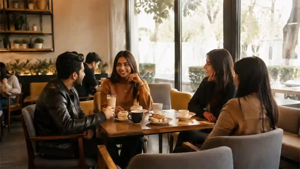پشاور کے ایک آرام دہ کیفے میں دوستوں کی casual بیٹھک کا منظر
