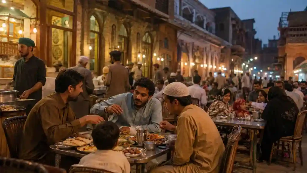 پشاور کے ایک مصروف روایتی فوڈ ماحول میں لوگوں کے کھانا کھانے کا منظر