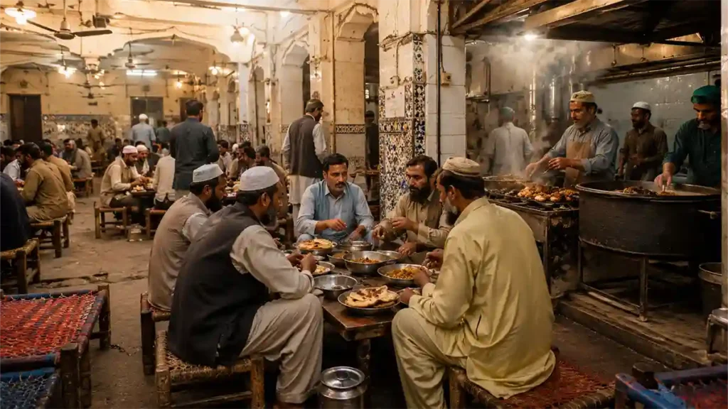 پشاور کے ایک روایتی فوڈ ماحول میں کھانا کھاتے لوگوں کا منظر