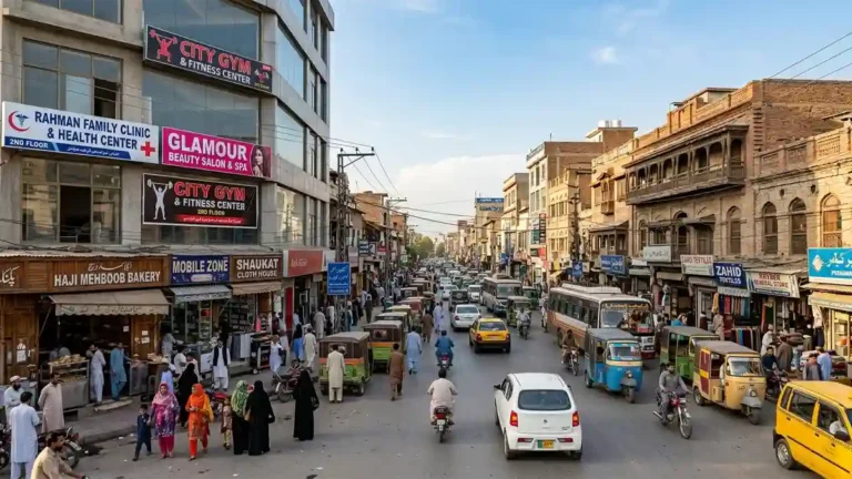 پشاور شہر کی جدید اور روایتی زندگی کا امتزاج، لوکل سروسز، کلینکس، سیلونز اور فٹنس سینٹرز کے ساتھ ایک مصروف شہری منظر